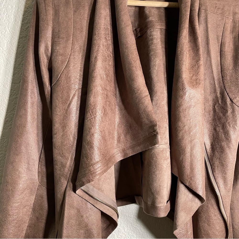 Flawless Women’s Long Sleeve Waterfall Zip Up Moto Jacket Tan Vegan Suede Small - Picture 2 of 10